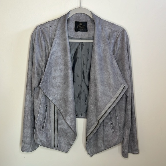 SW3 Bespoke GRAY SUEDE LEATHER-LOOK FAUX MOTO BIKER JACKET Size Large - Picture 6 of 14